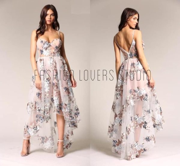 Maxi vestido irregular de tulle bordado