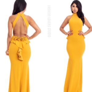 Maxi vestido halter espalda abierto mostaza sexy