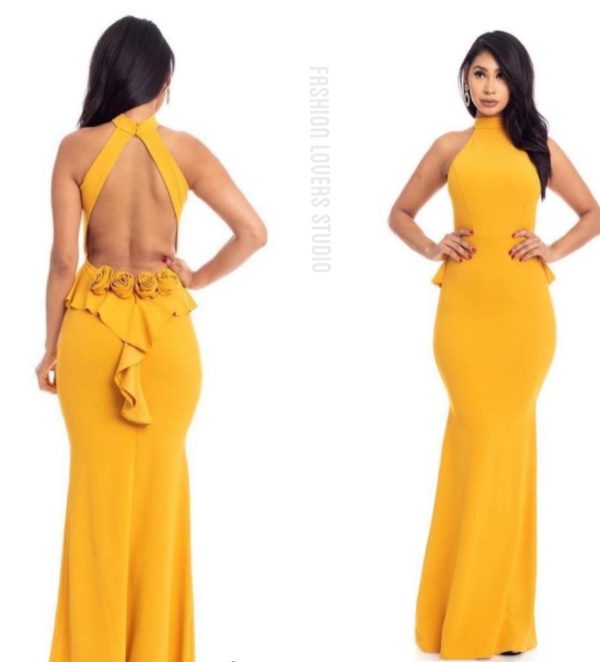 Maxi vestido halter espalda abierto mostaza sexy